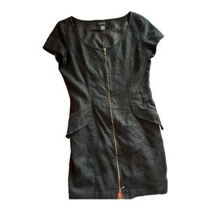 Finity Vtg 100% Linen black Full Front Zip Sheath Dress Office Business Size 14